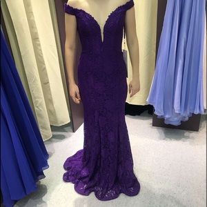 Purple long prom dress off the shoulder sleeves